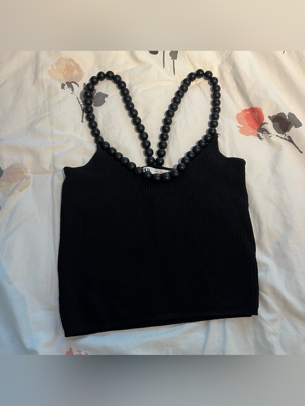 Zara Black Beaded-Strap Ribbed Camisole Tank Top